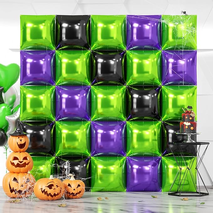 NISOCY 25PCS Green Purple Black Square Foil Balloons Wall Backdrop Metallic Double Sided Light Green Purple Black Balloons Tunnel Arch Kit for Halloween Birthday Graduation New Year Party Decorations