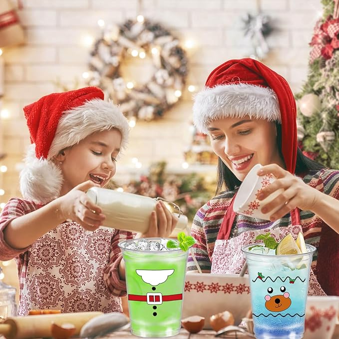 50 Pcs Christmas Plastic Cups, 12 OZ Christmas Disposable Party Drinking Cups, Santa Claus Snowman PET Cup for Xmas Winter Holiday Party Drinkware Table Decorations Supplies (5 styles)