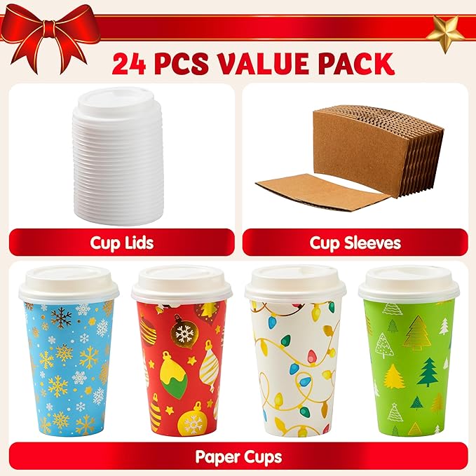 JOYIN 24 PCS Christmas Disposable Paper Cups, 16 oz Merry Christmas Party Cups With Cup Sleeves and Lids, 4 Designs Xmas Drinkware Winter Drink Cups, Tableware Holiday Supplies Decoration