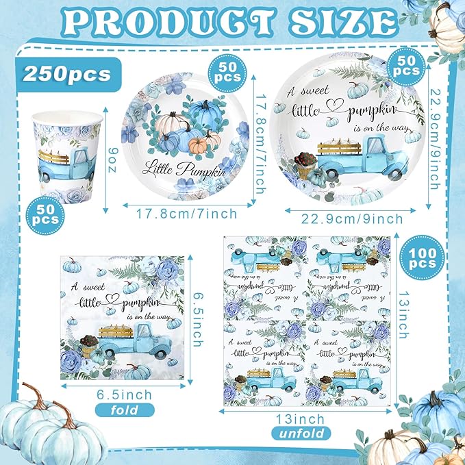 Hsei 250 Pcs a Little Pumpkin Plates and Napkins Party Decorations Disposable Tableware Sets Baby Shower Birthday Party Supplies Serves 50 Guests Dinnerware Baby Bridal Shower Favors