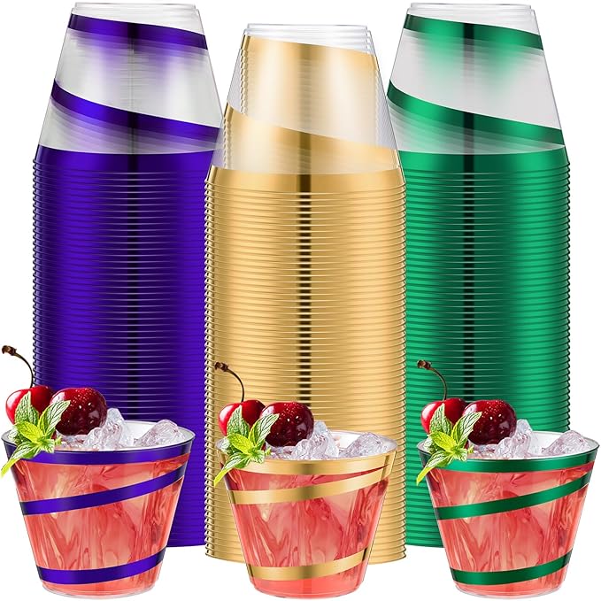 Gejoy 9 oz Rimmed Swirl Plastic Cups Disposable Wine Drinking Cups Clear Elegant Halloween Tumblers for Christmas Party Supplies(Purple, Gold, Green,60 Pcs)