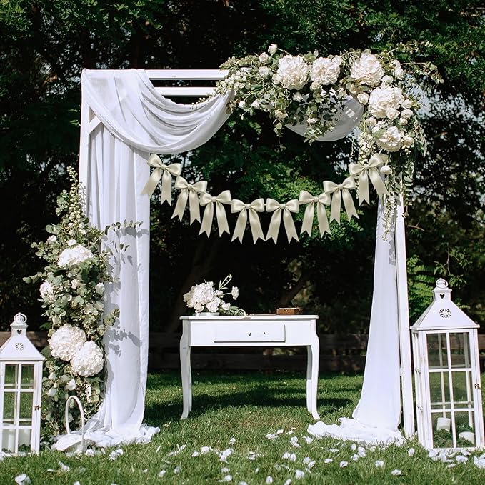 1 String of 8PCS Ivory White Bow Garland Banner Decoration,Pre-Strung Satin Ribbon Ornaments for Birthday,Bachelorette Party,Bridal Shower,Wedding,Engagement,Baby Shower,Graduation Decor,Anniversary