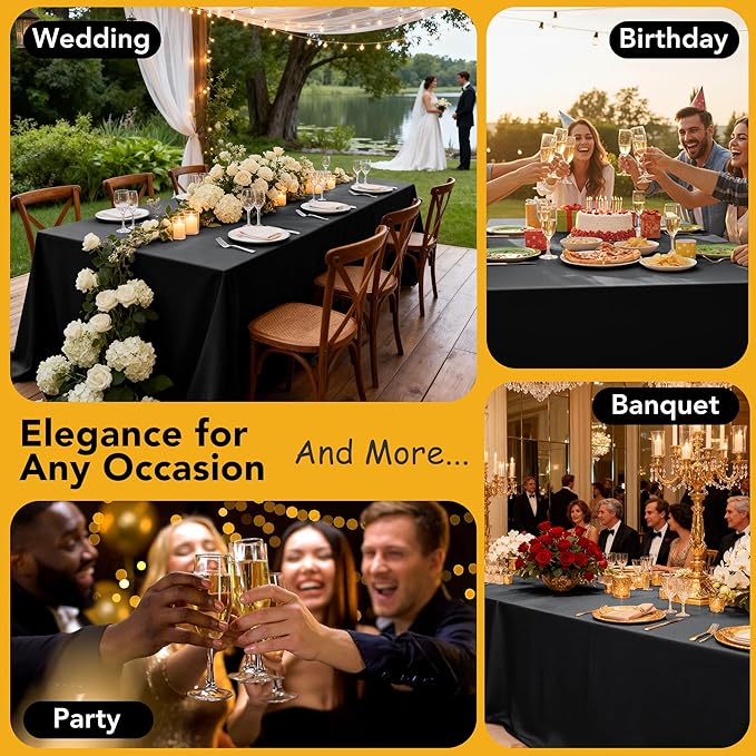 10-Pack Black Tablecloths for Rectangle Tables, 70 x 120 Inches, Stain-Resistant Polyester Fabric for 6 Foot Tables - Washable Table Covers for Weddings, Banquets, Birthday Parties, Events