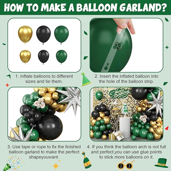 Green Black Gold Balloon Arch Kit, Dark Green Black Balloons Metallic Gold Balloon Garland Kit with Explosion Star Foil Balloons for Graduation Football Army Jungle Birthday Christmas Party Decoration