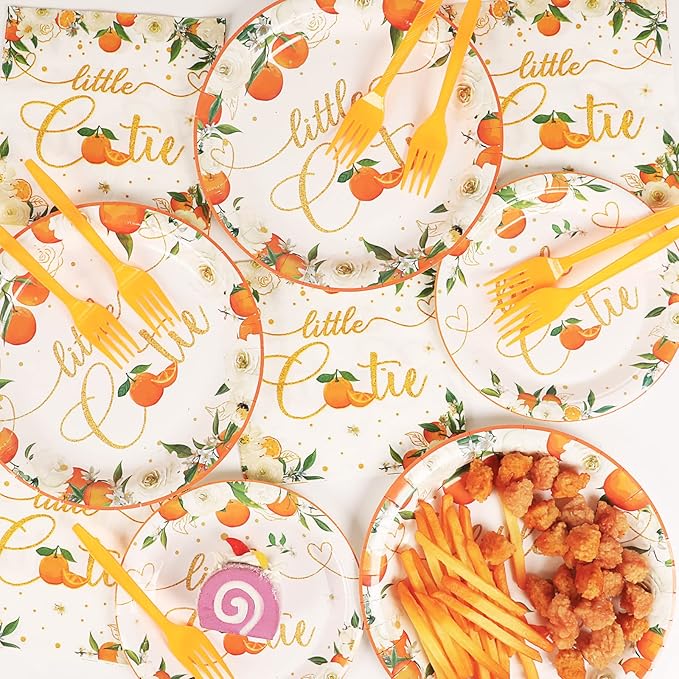 ZOIIWA Little Cutie Baby Shower Decorations Plates And Napkins Orange Tableware Little Cutie Orange Disposable Paper Plates Tangerine For Hey Cutie Birthday Themed Party Decorations Supplies 24Guests