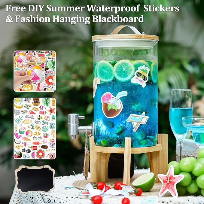 1.2 Gallon Large Glass Drink Dispenser For Parties, Beverage Dispenser with Bamboo Wood Stand and Stainless Steel Spigot, Juice, Lemonade, Water jug dispenser, Laundry Detergent Dispenser (1 PACK)