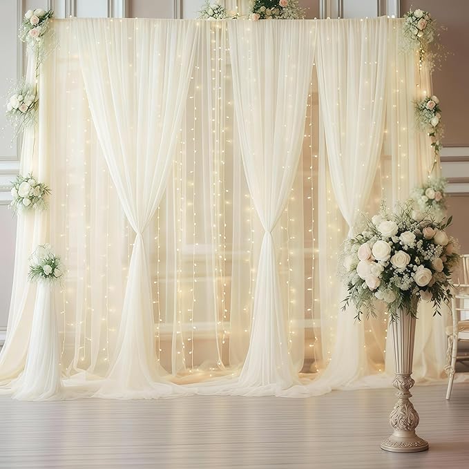 30ft x 10ft Ivory Backdrop Curtain with Lights String for Parties, Sheer Tulle Wedding Photo Backdrops Drapes for Baby Shower Birthday Party Decorations Background for Photography