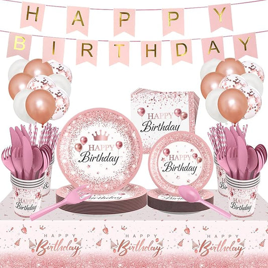 212Pcs Pink Rose Gold Plates Napkins Birthday Party Supplies Disposable Birthday Dinnerware Set,Girls Birthdays Party Plates Pink Sets With Banners Cups Forks knives Spoons Tablecloth Balloon Serve 24