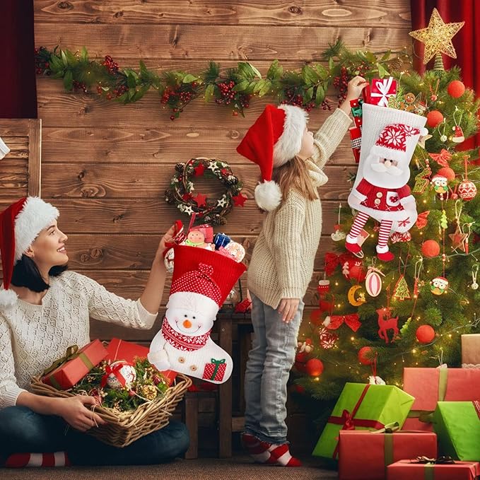 2 Pack Christmas Stockings, 19.7 Inch Large Stockings, Personalized Knitted 3D Pattern Santa Snowman Socks, Eve Candy Stocking Bag for for Holiday Xmas Party Decoration (Style 1)