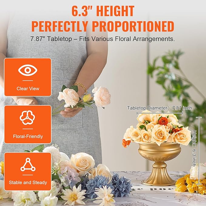 VEVOR 10PCS 16cm/6.3” Tall Wedding Flower Vase, Metal Wedding Centerpiece, Gold Floral Arrangement Stand Display Rack for Tables Wedding Dinner Party, Anniversary Ceremony Birthday Event Decor