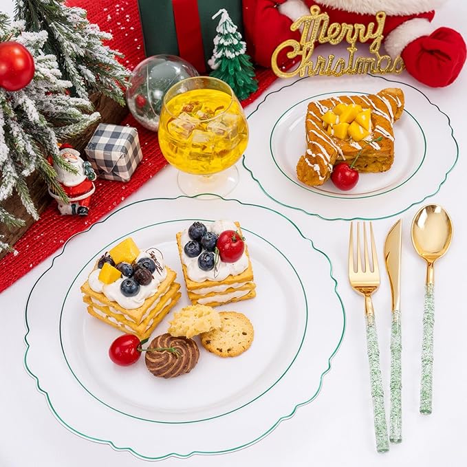 Liacere 150PCS Clear and Green Plastic Plates - Disposable Plates with Glitter Bamboo Handle Cutlery - 60 Baroque Elegant Plates,30Forks,30Spoons,30Knives for Christmas