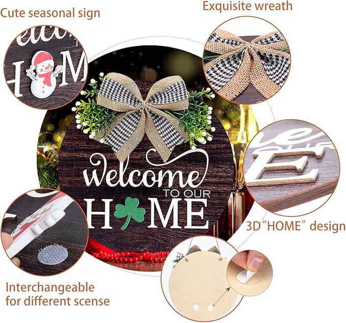 Interchangeable Seasonal Welcome Sign Front Door Decorations, Round Wood Wreath for Outdoor, Farmhouse, Porch Perfect for New Home Housewarming Gift, Valentine's, Easter, Christmas Home Decor