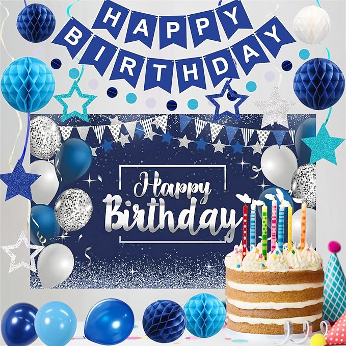 Blue Happy Birthday Decorations, 41 Pack Happy Birthday Banner, Balloons, Backdrop, Hanging Swirl, Honeycomb Ball and Circle Dot Garland Supplies for Birthday Party