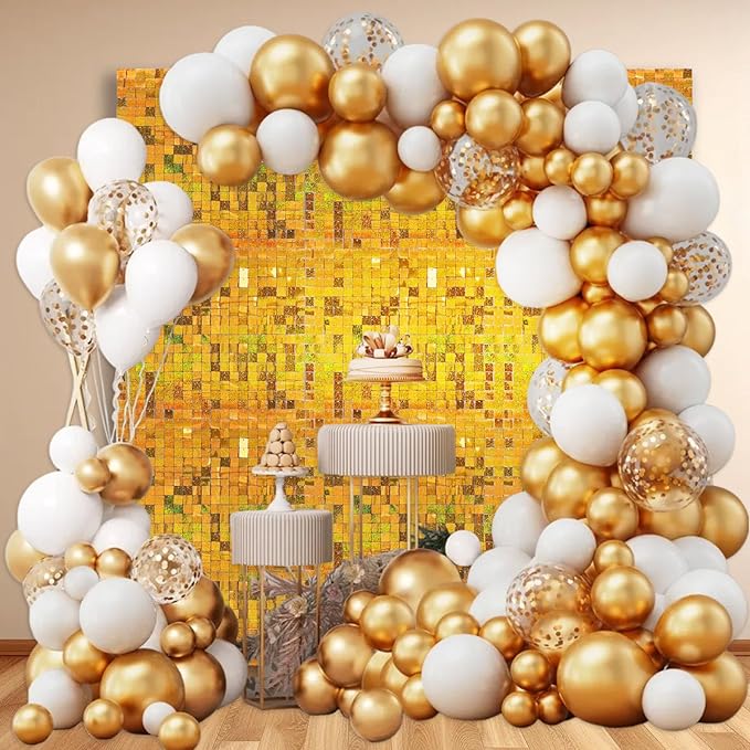 36 PCS Gold Shimmer Wall Backdrop, Laser Square Sequin Photo Backdrops Panel, Glitter Wall Background for Birthdays, Weddings, Halloween, Engagements, Disco Bachelorette Party Decoration (6FTx6FT)