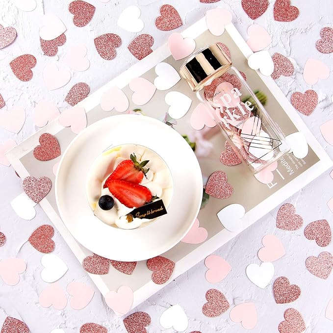 Rose-Gold Pink White Heart Confetti - 300pcs Valentines Mothers Day Engagement Wedding Baby Shower Bachelorette Birthday Party Table Decoration Glitter Paper Decor Lasting Surprise