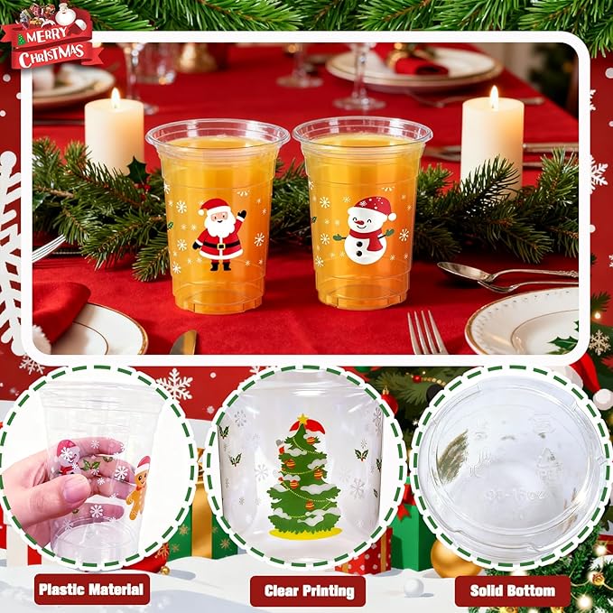 60 Pcs Christmas Cups, 16 oz Disposable Christmas Plastic Cups Snowflake Xmas Trees Santa Claus Snowman Gingerbread Man Party Cups for Winter Holiday Party Supplies
