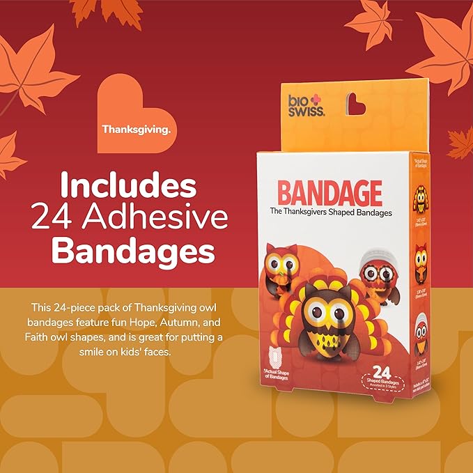 BioSwiss Kids Bandages, Thanksgiving Shaped Self Adhesive Bandage Set, Latex Free, Sterile Wound Care, 24 Count