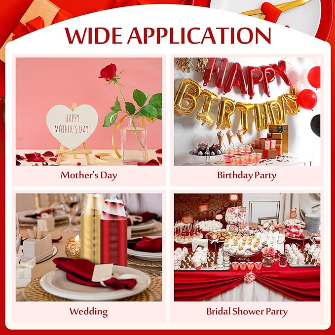 Gejoy 9 oz Rimmed Swirl Plastic Cups Disposable Wine Drinking Cups Clear Elegant Halloween Tumblers for Christmas Party Supplies(Red, Gold,100 Pcs)