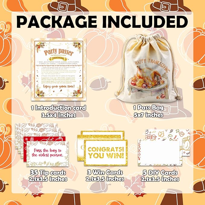 Thanksgiving Turkey Pass The Bag Game - 44 Fun Game Cards & 1 Turkey Canvas Bag - Thanksgiving Games for Friends Family, Holiday Gatherings - Fall Harvest Activity, Office & Home Party Supplies - A01