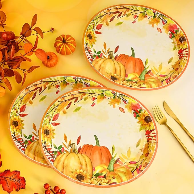 Homlouue 12x10 Oval Fall Paper Plates, 50PCS Fall Leaves Pumpkins Plate, Heavy Duty Thanksgiving Plates, Large Thanksgiving Paper Plate Disposable for Autumn Theme Party Decoration Serve 50 Guests
