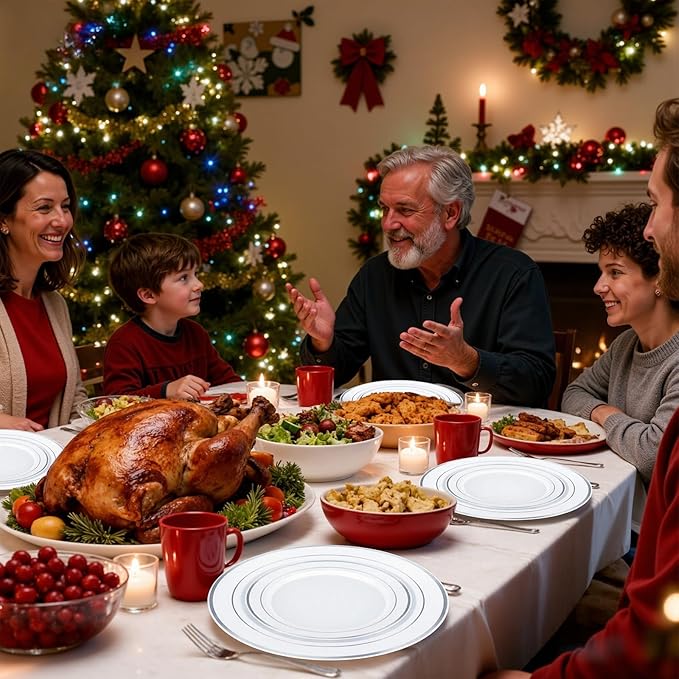 350Piece Silver Plastic Dinnerware Set for 50 Guests - Silver Plastic Plates with Cutlery Include:50Dinner Plates-50Dessert Plates-50Pre Rolled Napkins with Silverware for Christmas