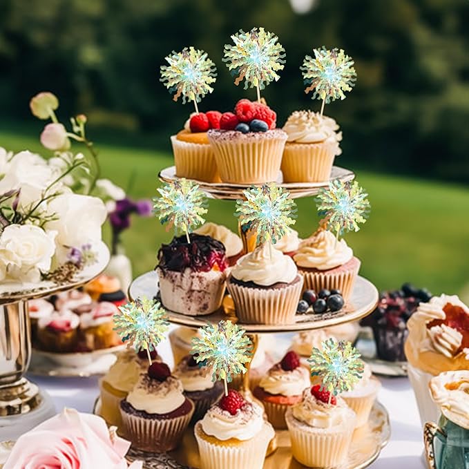 Ephlyn 30Pcs Foil Firework Cupcake Toppers Sparkle Tinsel Cupcake Picks Firework Cake Decorations Cocktail Food Fruit Toothpicks for Baby Shower Graduation Party Supplies White