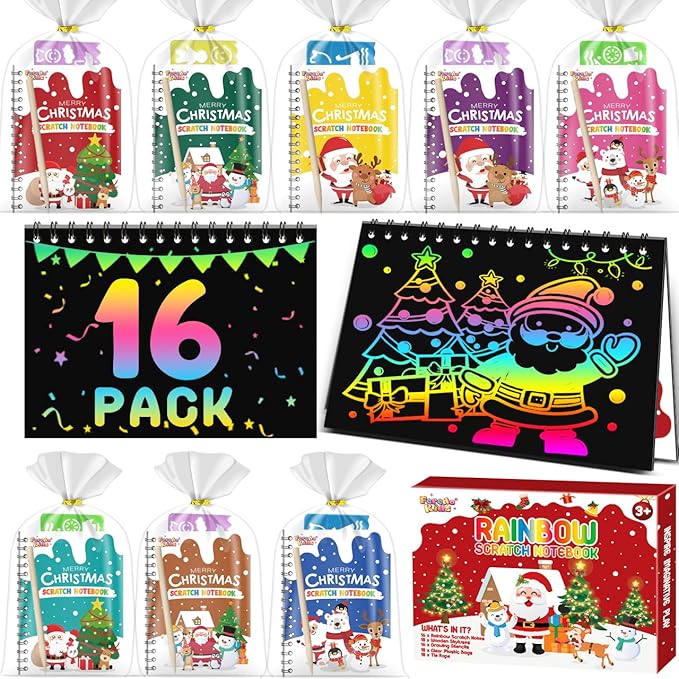 Party Favors for Kids: 16 Pack Christmas Rainbow Scratch Art Notebook Classroom School Supplies Bulk for Girls Boys Goodie Bags Stuffers, Return Gifts for Birthday Party Gift Kid Crafts