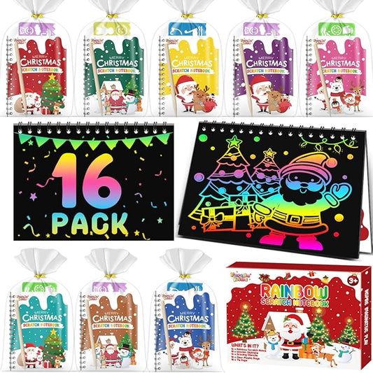 Party Favors for Kids: 16 Pack Christmas Rainbow Scratch Art Notebook Classroom School Supplies Bulk for Girls Boys Goodie Bags Stuffers, Return Gifts for Birthday Party Gift Kid Crafts