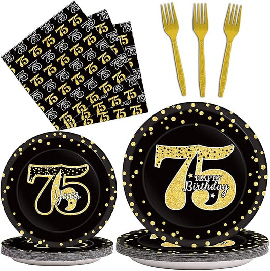 96 Pcs 75th Birthday Party Supplies 75th Birthday Tableware Plates Cheers to 75 Years Table Decorations Dinnerware Party Favor for Men Woman Seventy-five Years Birthday 24 Guests