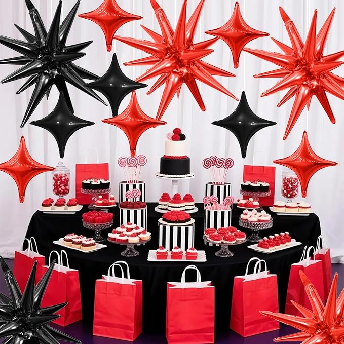 Black Red Star Balloon,6Pcs 22Inch Explosion Star Balloons and 10Pcs 10Inch Four Angle Balloons Kit for Halloween Birthday Anniversary Graduation Baby Shower Wedding Party Decorations