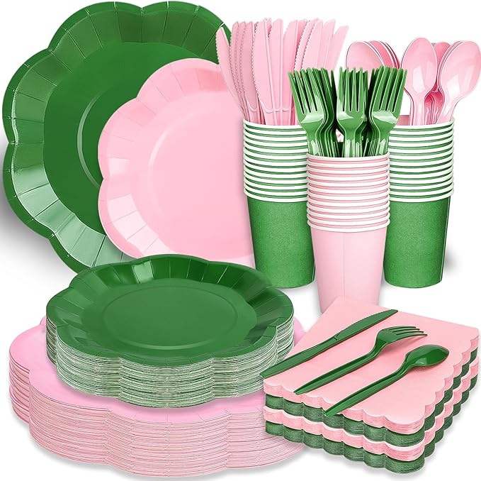 416 Pcs Pink And Green Party Supplies - For 52 Guests Paper Plates And Napkins Knives Spoons Forks Cups - Disposable Big Scalloped Dinner Party Set Cutlery - For Baby Shower Bridal Shower Wedding