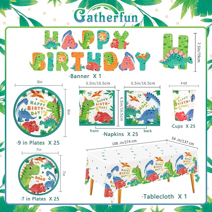 Dinosaur Birthday Party Supplies Disposable Paper Plates Napkins Cups Tablecloth and Banner for Dinosaur Party Decorations Serve 25