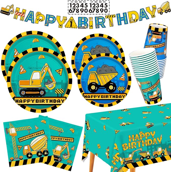 Construction Birthday Party Supplies Kit - Disposable Paper Plates, Napkins, Cups, Tablecloth, & Banner - Construction Theme Birthday Party Decorations, Serve 25