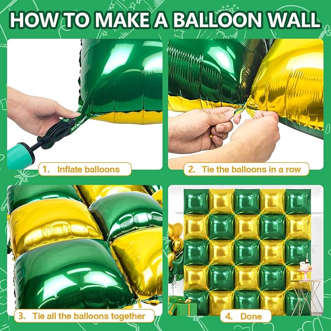 NISOCY 25PCS Christmas Balloons Green Gold Square Foil Balloon Wall Backdrop Double Sided Deep Green Gold Balloons Arch Kit for Birthday New Year Graduation St. Patrick's Day Party Decorations