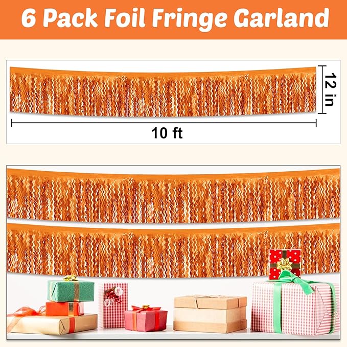 6 Pack 10 Feet Orange Wave Foil Fringe Garland Metallic Tinsel Streamers Banner Wall Hanging Curtain Backdrop for Parade Floats, Mother's Day, Easter, Wedding, Birthday Party Decoration