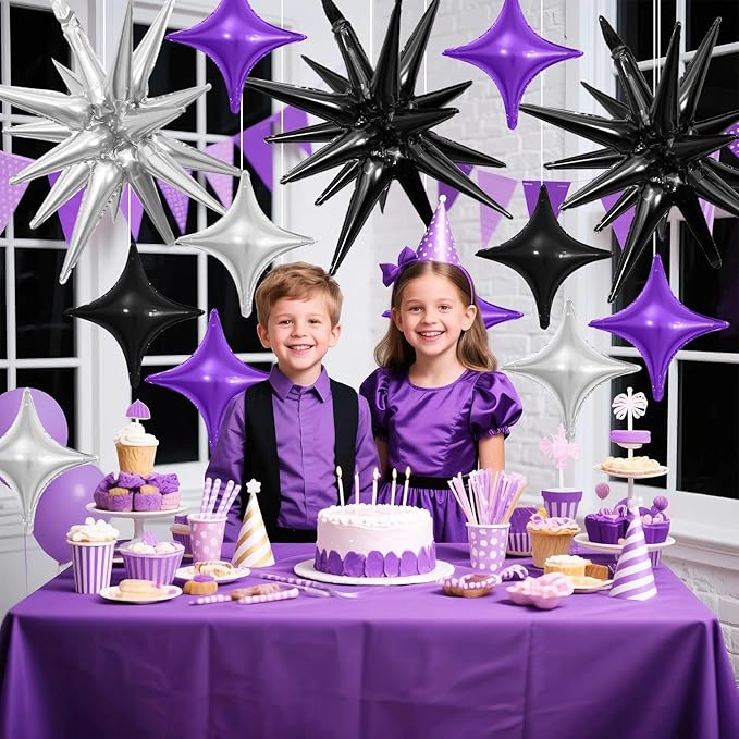 Black Purple Silver Star Balloon,6Pcs 22Inch Explosion Star Balloons and 10Pcs 10Inch Four Angle Balloons Kit for Halloween Birthday Anniversary Graduation Baby Shower Wedding Party Decorations