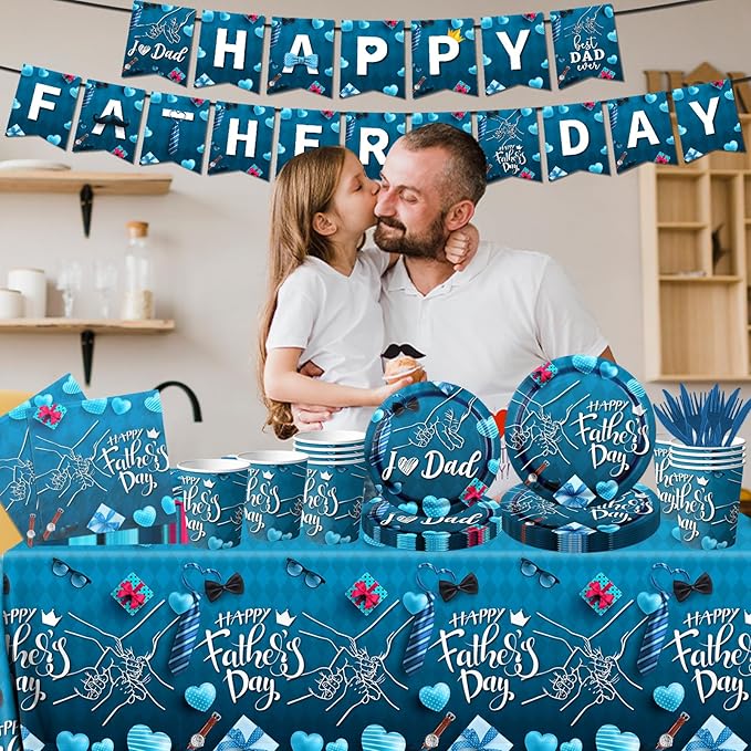 Happy Father's Day Tableware Set - 142pcs with Plates, Napkins, Tablecloth, Cups & Supplies for 'I Love Dad' Party Decoration