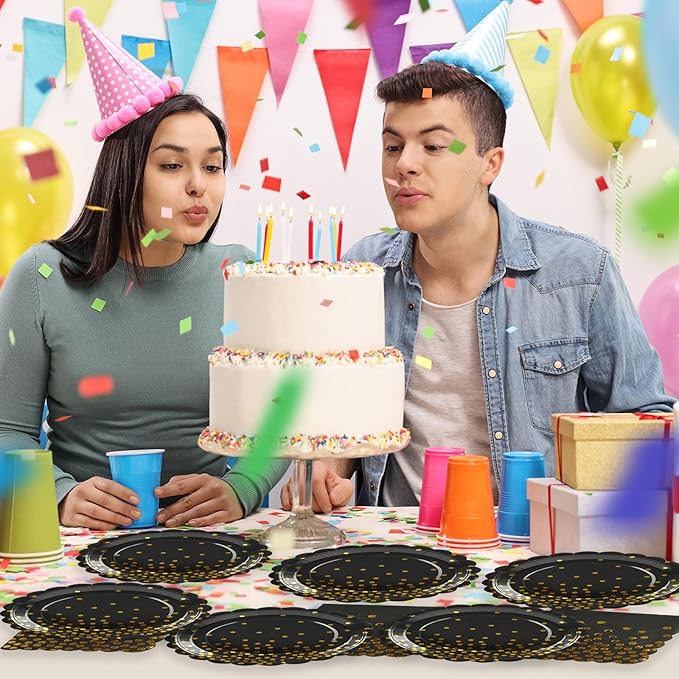 90PCS Black and Gold Plates and Napkins Party Supplies Decorations, 7Inch Scalloped Black Paper Plates and Napkins Set Disposable Party Dinnerware for Birthday Wedding,Graduation