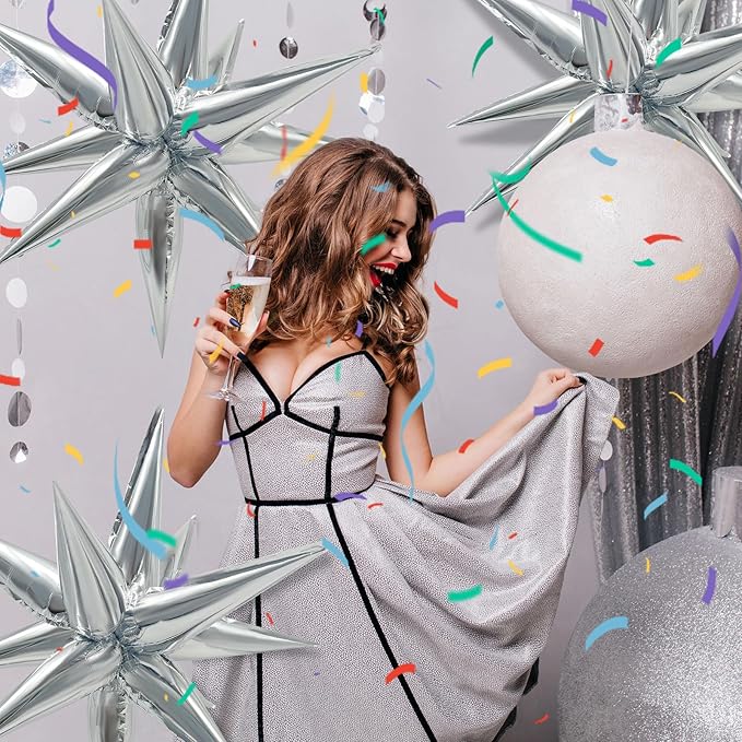 60Pcs Silver Star Balloons Birthday Decorations Explosion Mylar Balloons 12 Spike Balloon Large Foil Prom Balloon for Wedding Anniversary Christmas New Year Eve Party Backdrops Supplies