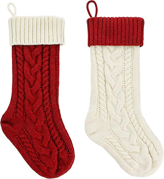 2 Pack 18" Personalized Christmas Stockings, 18inch Large Cable Knitted Xmas Hanging Stocking Decorations for Holiday Christmas Party Family Decor (Lvory/Burgundy)