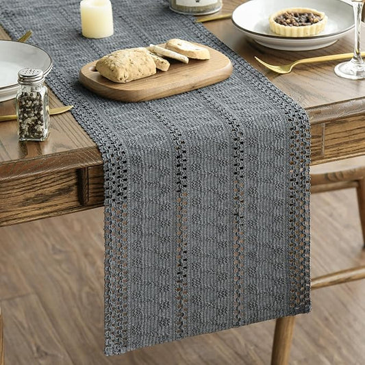 Artoid Mode Dark Grey Farmhouse Woven Rustic Hollow Table Runner, Seasonal Holiday Hollow Kitchen Dining Table Decoration for Home Party Decor 12x120 Inch