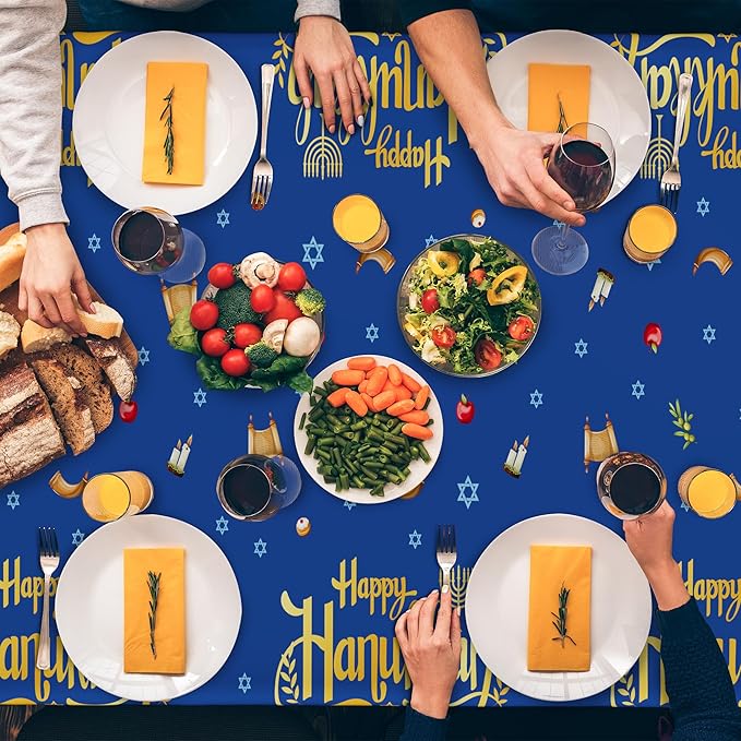 3 PCS Hanukkah Decorations, 108" x 54" Blue Gold Hanukkah Tablecloth, Disposable Happy Chanukkah Plastic Tablecloth, Lights Candles Design Rectangle Chanukkah Tablecovers for Jewish Festival Supplies