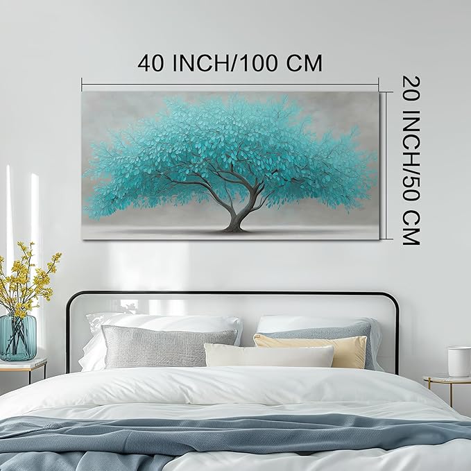 Tree of Life Wall Art for Living Room Bedroom Teal Blue Nature Print Picture Painting Large Framed Wall Decor for Bathroom Office Modern Home Botanical Landscape Wall Decorations Artwork Size 20x40 Ready to Hang