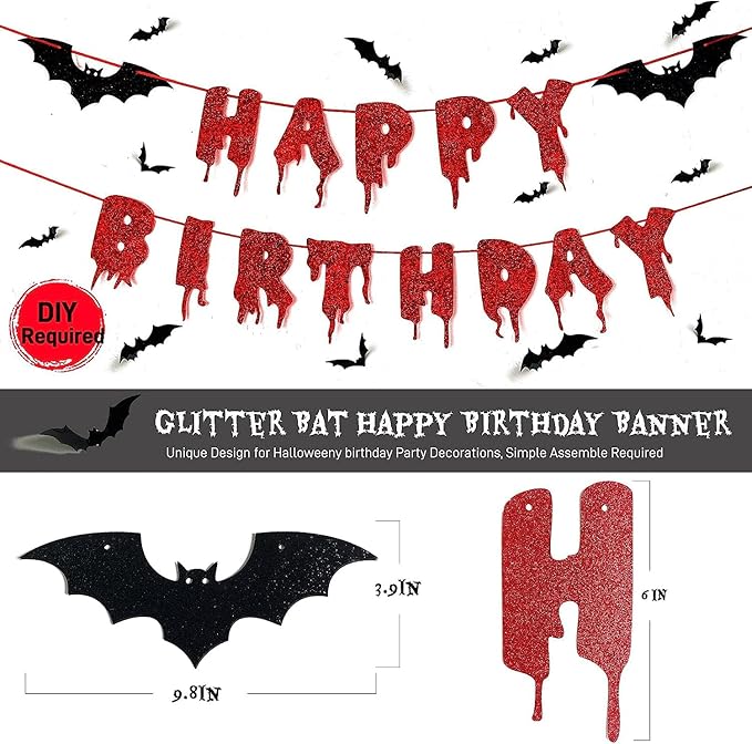 Red Glittery Happy Birthday Halloween Banner Black Foil Curtains Backdrop 3D Bat Sticker and Latex Balloons Confetti Balloon for Birthday Party Decorations Scary Party Supplies