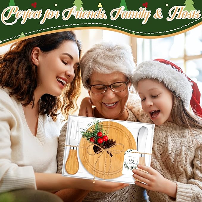 12Set Christmas Gifts Bamboo Round Cheese Board Set Cheese Knives Mini Cutting Board Set Cheese Board Gift Set Christmas Tags and Boxes Christmas Party Birthday