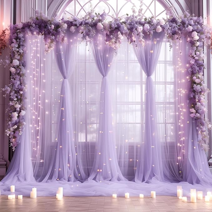 30ft x 10ft Purple Backdrop Curtain with Lights String for Parties, Sheer Tulle Wedding Photo Backdrops Drapes for Baby Shower Birthday Party Decorations Background for Photography