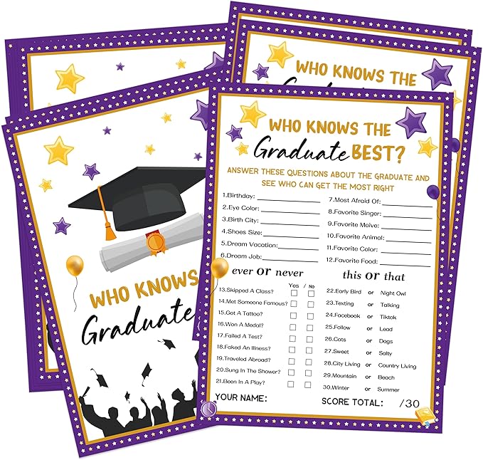 30 Grad Party Games Cards, Purple Graduation Trivia Game Card, Graduation Party Supplies for Group Activities, Who Knows The Graduate Best, Graduation Party Favors for High School College University,3