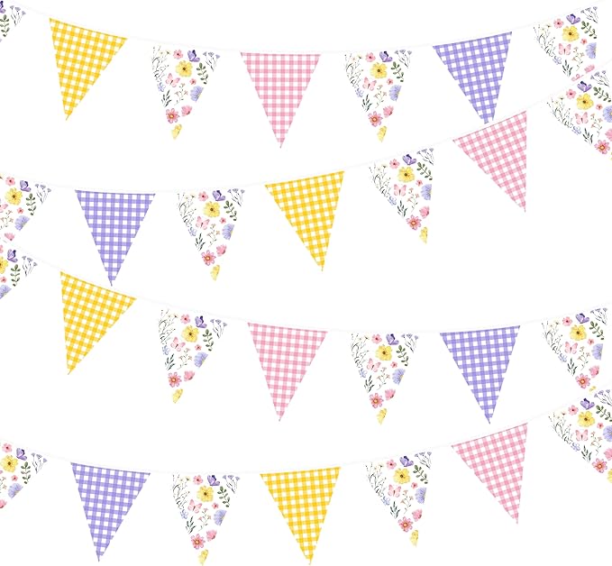 32Ft Wildflower Party Decorations Pink Purple Yellow Gingham Plaid Flowers Pennant Floral Banner Fabric Triangle Flag Garland Streamers for Easter Spring Summer Birthday Baby Shower Picnic Party Decor