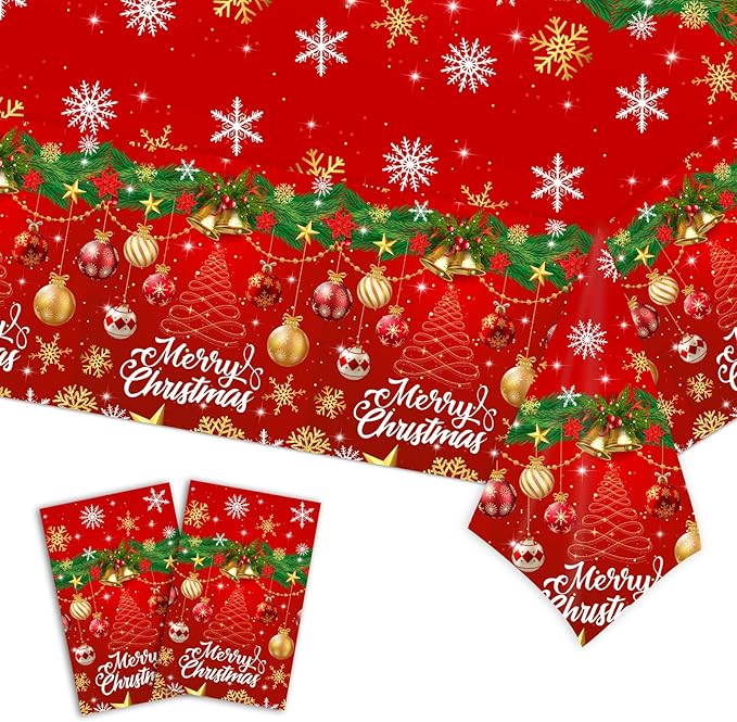 2-Pack Christmas Tablecloth Disposable Plastic - Red Holiday Design with Bells,Merry Christmas& Trees, 54x108 Inch Rectangular Plastic Table Covers for Christmas Party Decorations