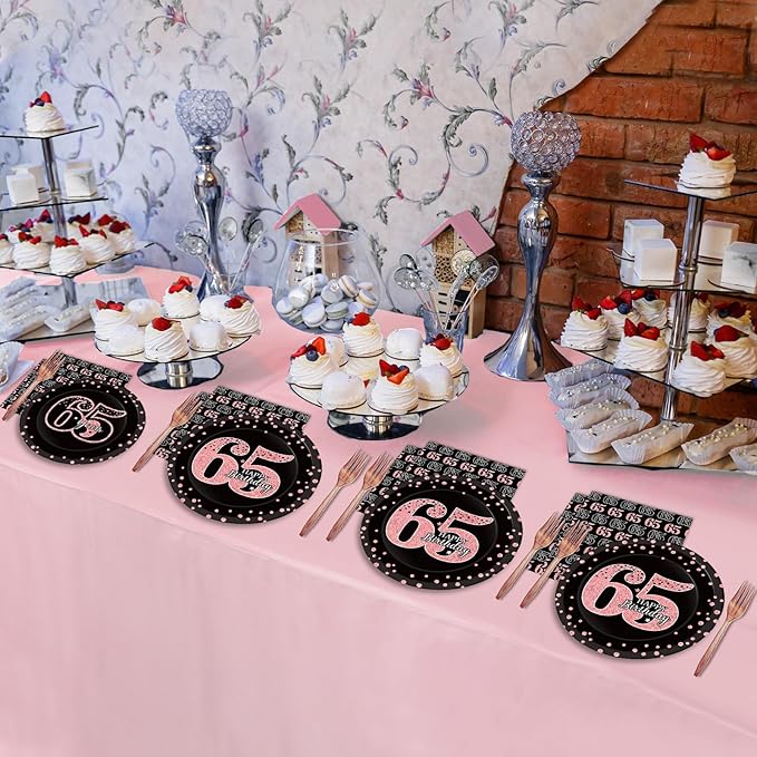 96 Pcs 65th Birthday Plates and Napkins Party Supplies Happy 65th Birthday Decorations Rose Gold and Black 65 Years Old Tableware Set for Women Men Party Favors for 24 Guests